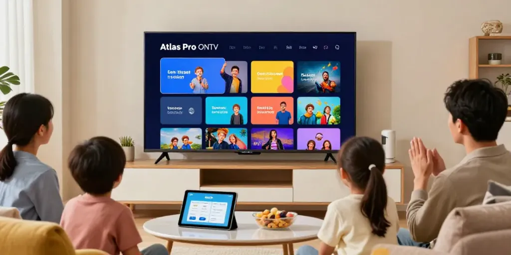 Famille profitant de l'application Atlas Pro ONTV dans un salon accueillant.