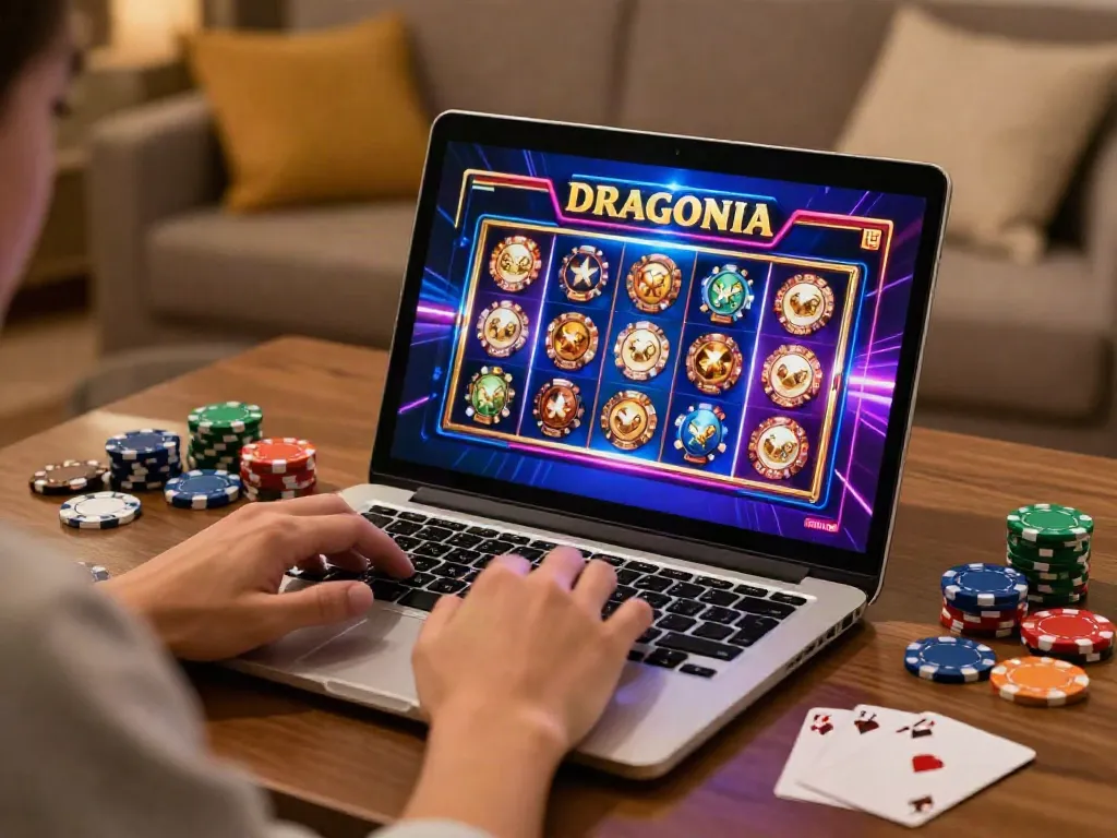 Le joueur sur https://studiobarw.com/ profitant de l'expérience immersive de Dragonia Casino avec des graphiques de machines à sous colorés.