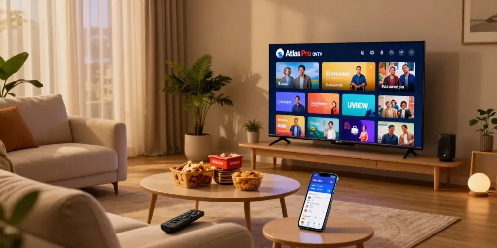 Une scène de salon moderne montrant le streaming sur Atlas pro ontv, avec téléviseur affichant divers contenus.