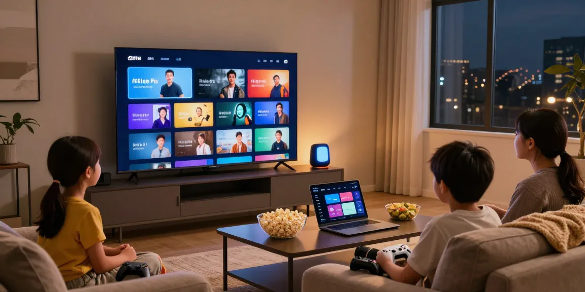 Vue de famille profitant de l'application atlas pro iptv dans un salon moderne.