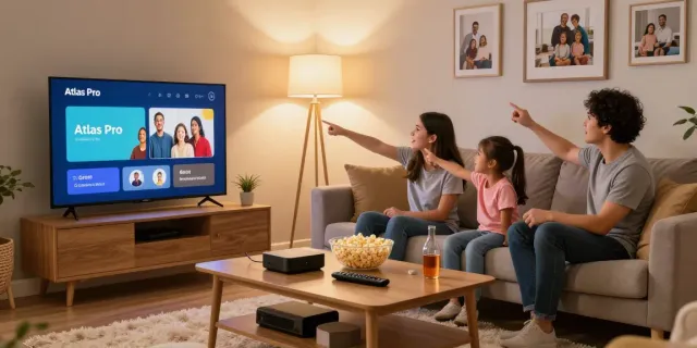 Famille utilisant l'application Atlas Pro pour regarder des chaînes de télévision en direct dans un salon confortable.