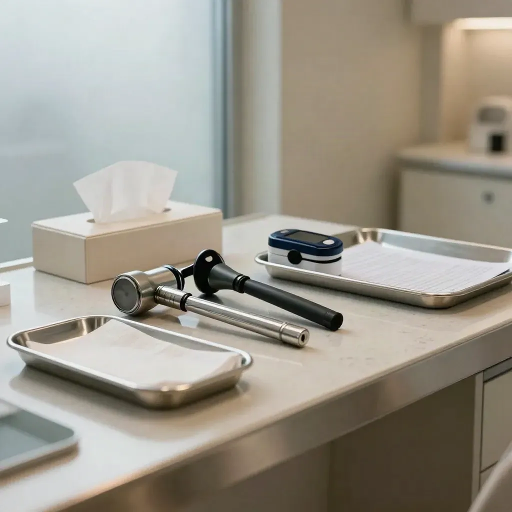 Otoscope, marteau réflexe et saturomètre sur un comptoir de consultation, lumière clinique douce.
