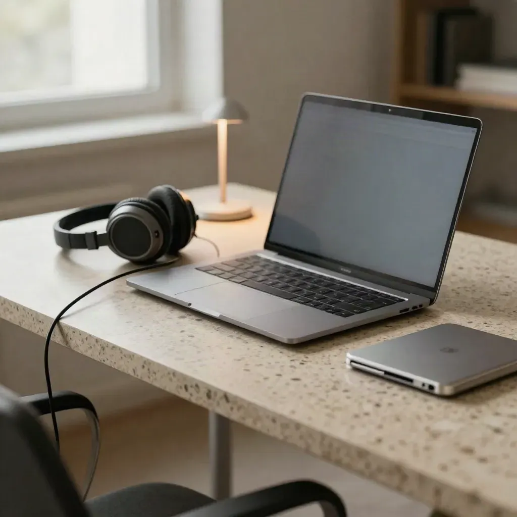Bureau de téléconsultation avec laptop fermé, casque, lampe douce et cache-webcam, en lumière feutrée.