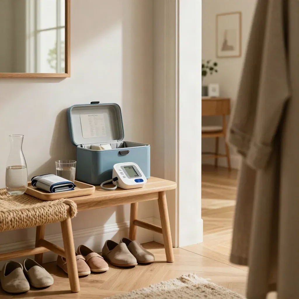 Coin santé familial dans une entrée lumineuse avec tensiomètre, boîte à médicaments et chaussures rangées
