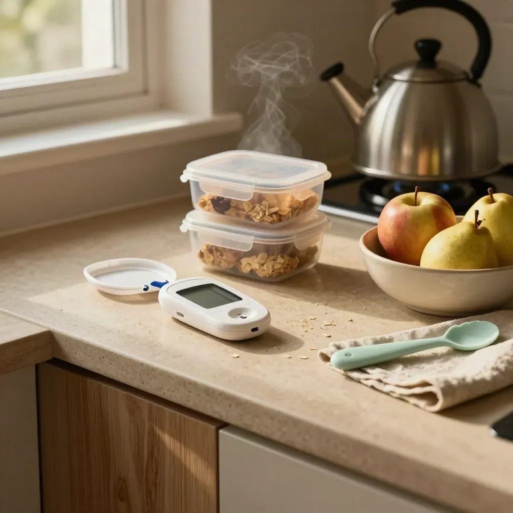 Plan de travail de cuisine avec lecteur glycémique, boîtes-repas, fruits et vapeur de bouilloire.