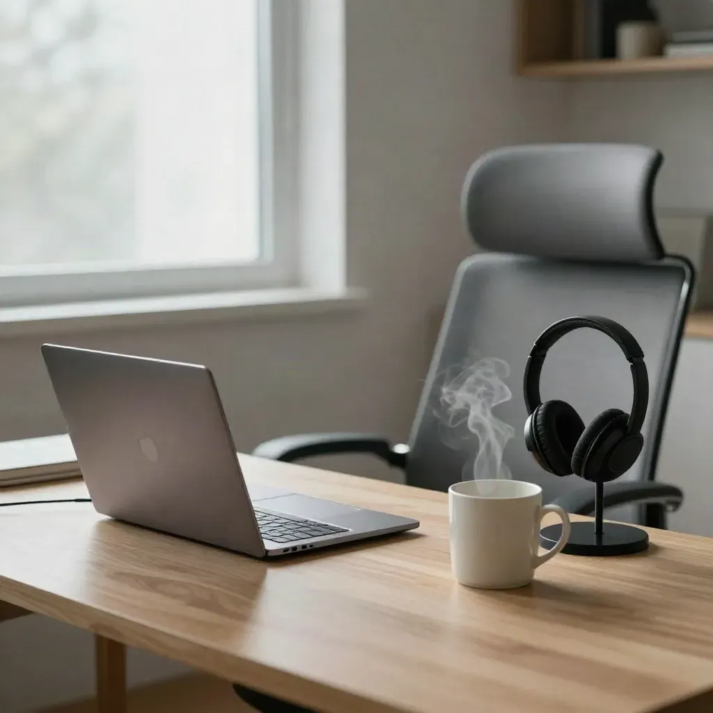 Bureau à domicile calme avec ordinateur fermé, casque, chaise ergonomique et tasse près d'une lampe.