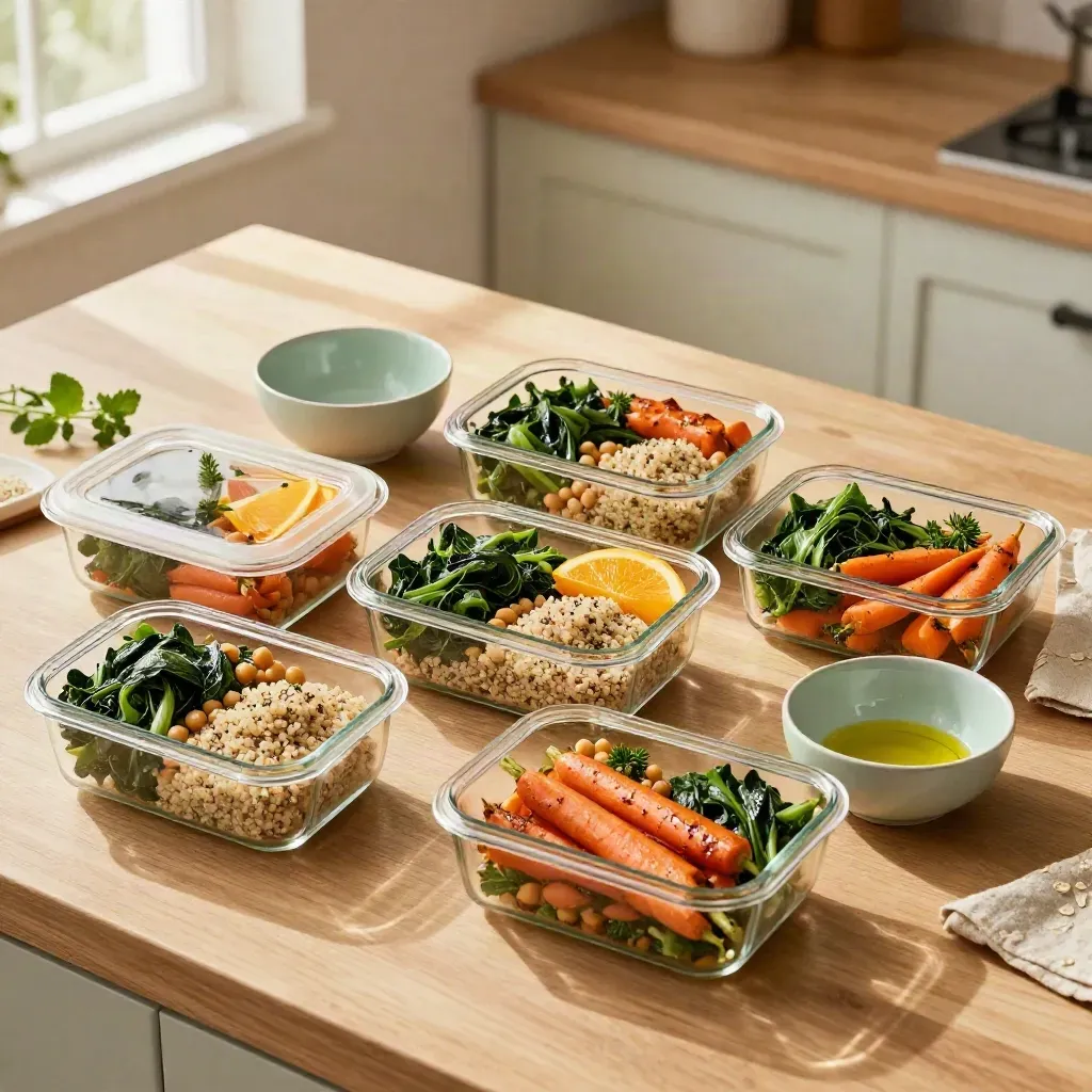 Repas préparés en bocaux de verre avec légumes de saison et herbes sur plan de cuisine.