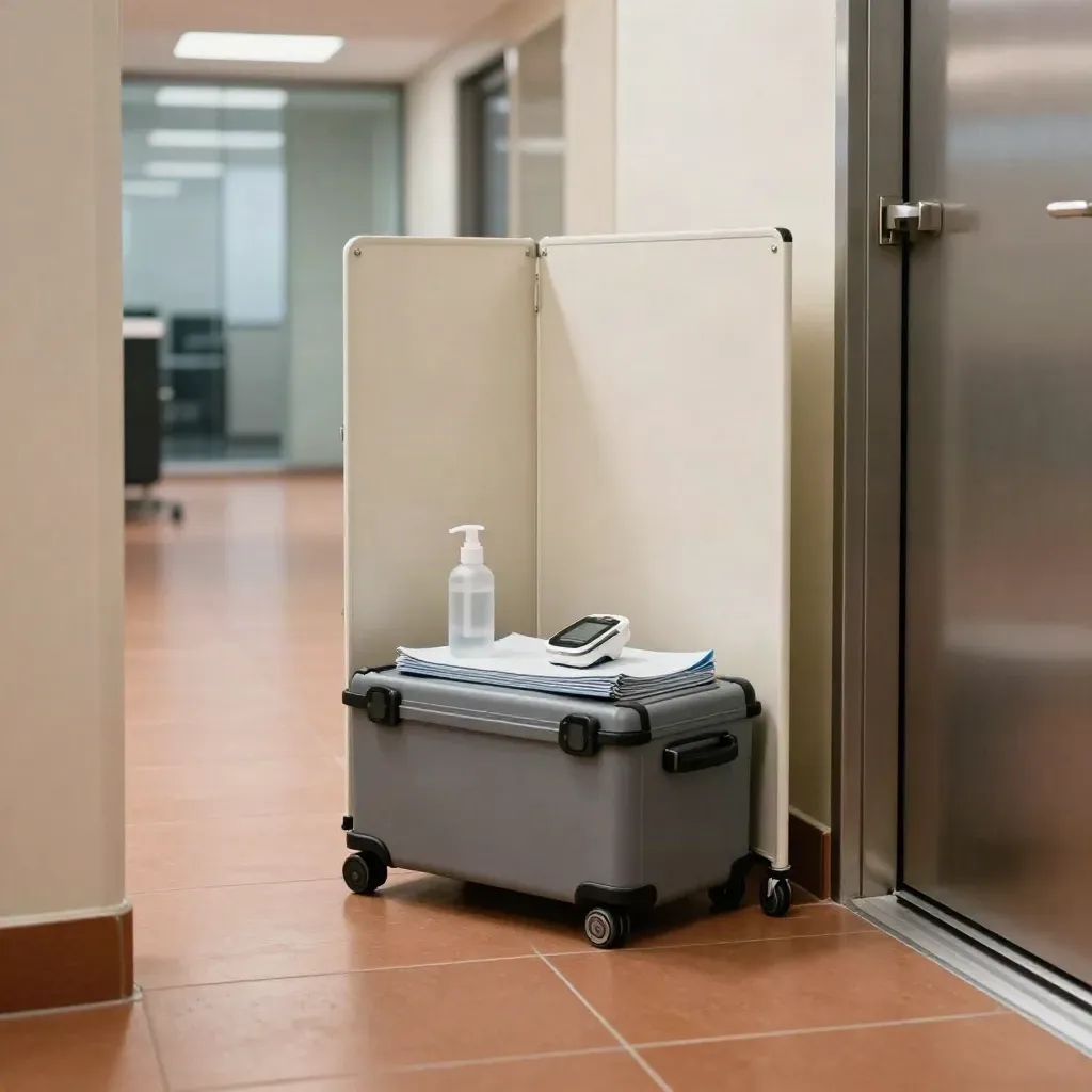 Kit santé mobile prêt dans un couloir d’entreprise, avec paravent pliant et oxymètre.