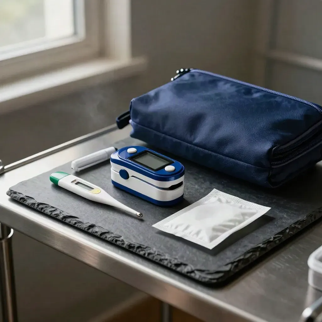 Oxymètre, thermomètre, compresses et lampe stylo sur une pochette marine.