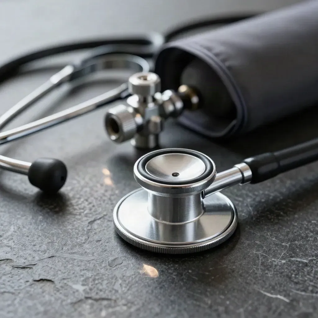 Gros plan d’un stéthoscope, d’une valve de brassard et d’un marteau réflexe sur pierre sombre.