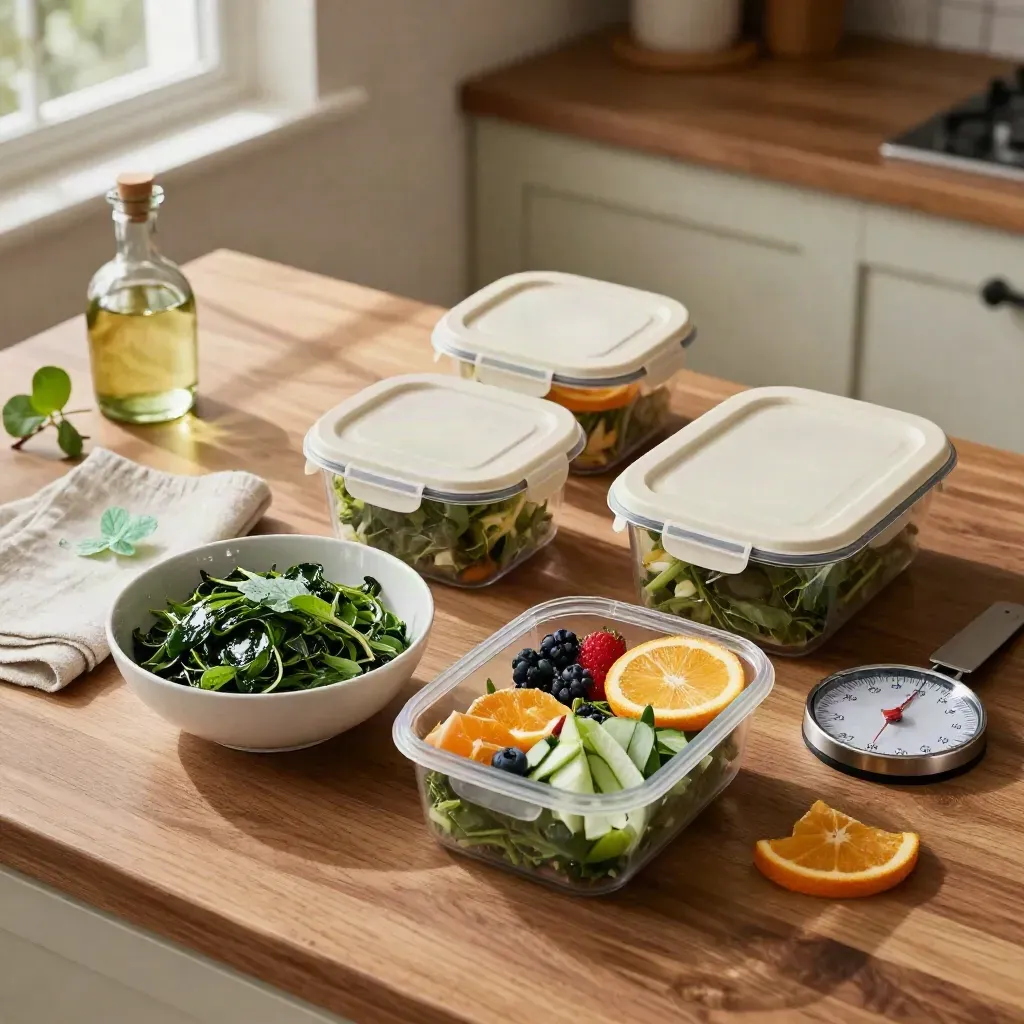 Boîtes repas, salade, fruits et balance de cuisine sur un plan de travail chaleureux.