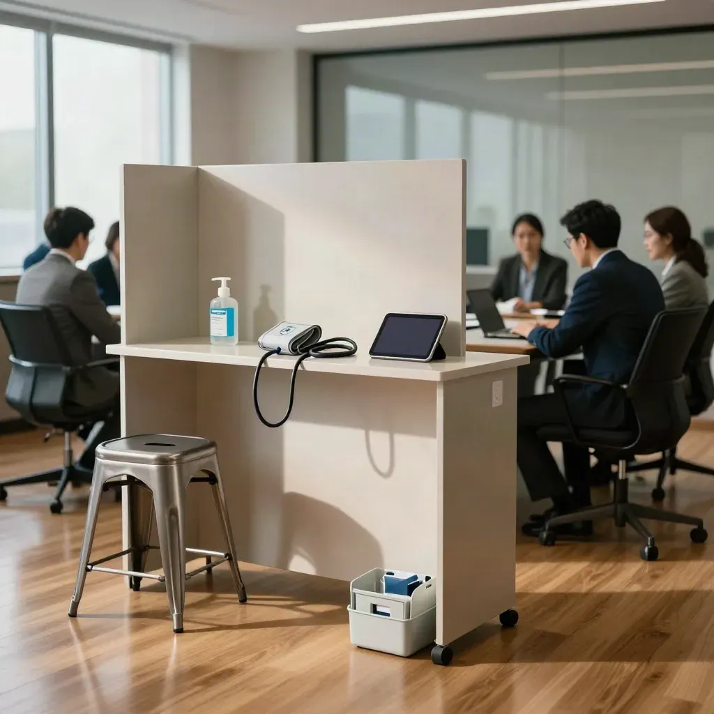 Station de dépistage en entreprise avec tensiomètre, tabouret, gel et paravents pliés.