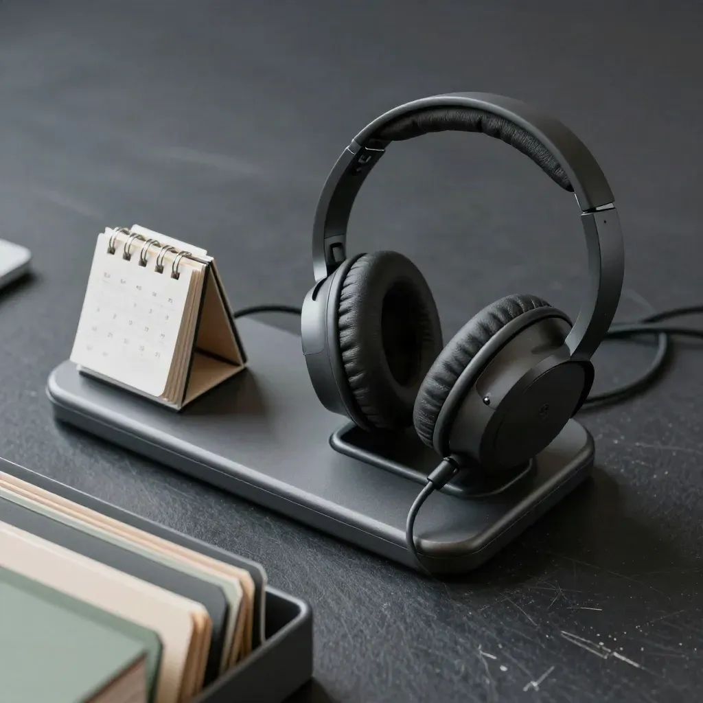 Gros plan d’un téléphone, d’un casque et de dossiers sur un bureau sombre.
