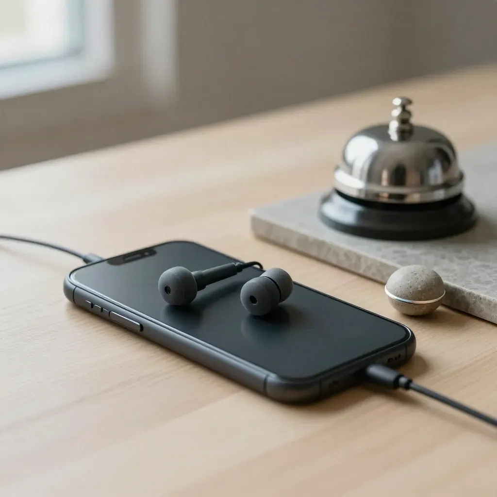Smartphone face caché, casque filaire, sonnette et jeton de rendez-vous sur plateau de pierre.
