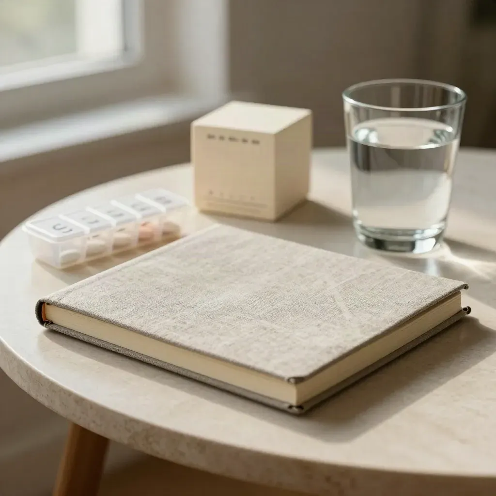 Cahier fermé, pilulier, cube calendrier et verre d’eau sur une table claire.