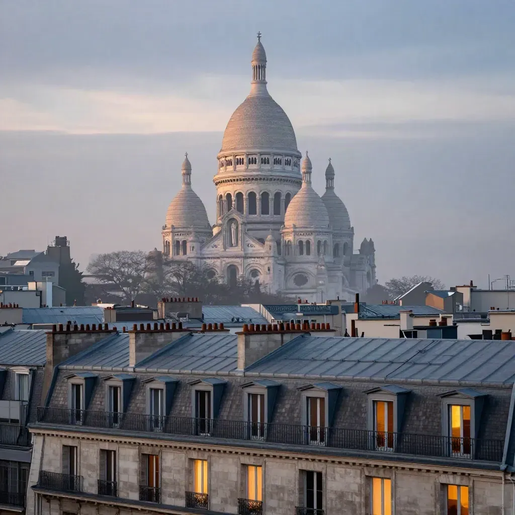 Toits de Paris et dôme du Sacré-Cœur dans une brume bleue au coucher du soleil.