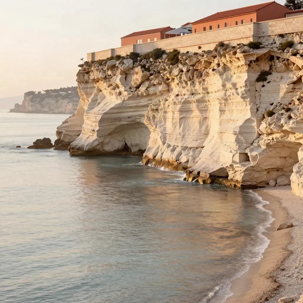 Falaises calcaires et toits terracotta de la Côte d’Azur dans une brume méditerranéenne dorée.