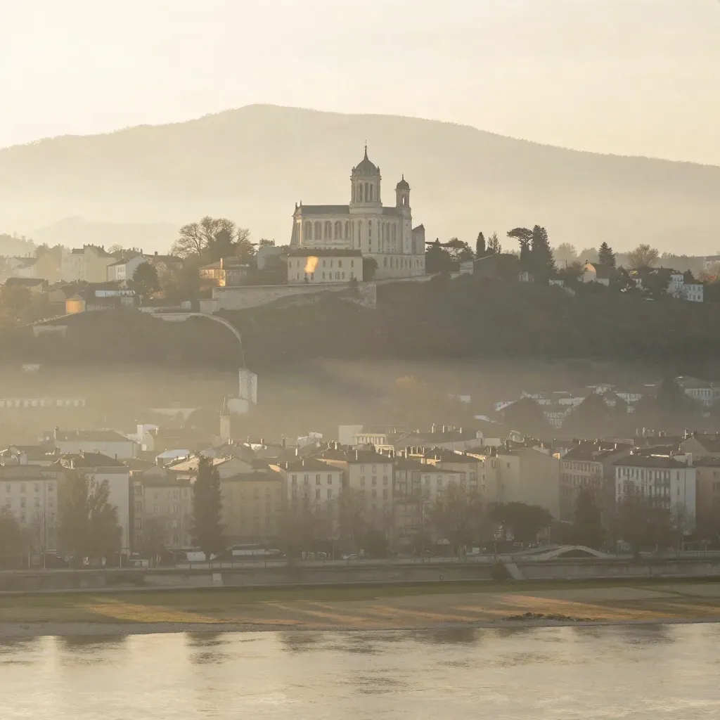 Vue aérienne de Fourvière sur Lyon et la vallée, brume d’automne et Alpes lointaines