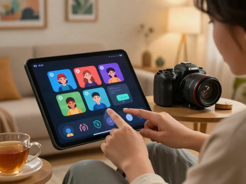 Engaging with AI companions at https://companion.crushon.ai/ in a cozy home setting with vibrant characters on screen.